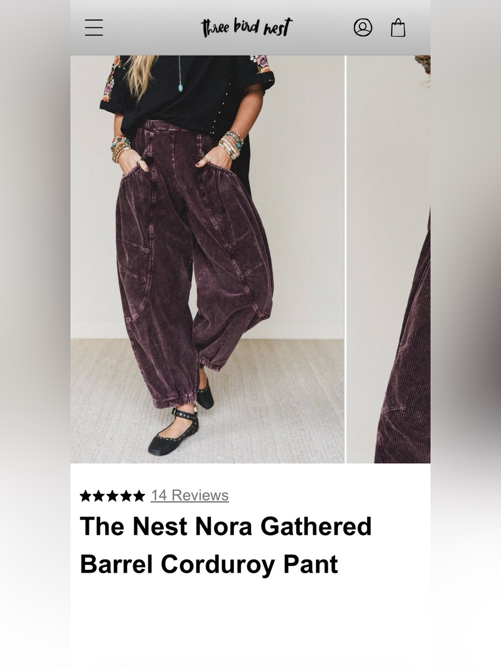 Three Bird Nest The Nest Nora Gathered Barrel Corduroy Pant Medium
